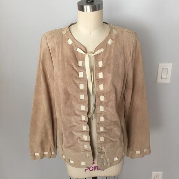 Bradley Bayou Beige Tan Genuine Suede Ribbon Trim Leather Jacket Size Medium - Picture 8 of 12